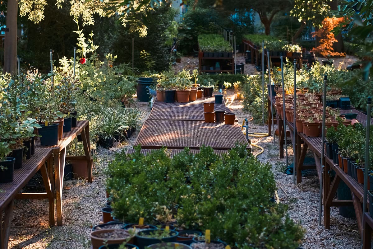Nursery aisle lined with benches of potted plants